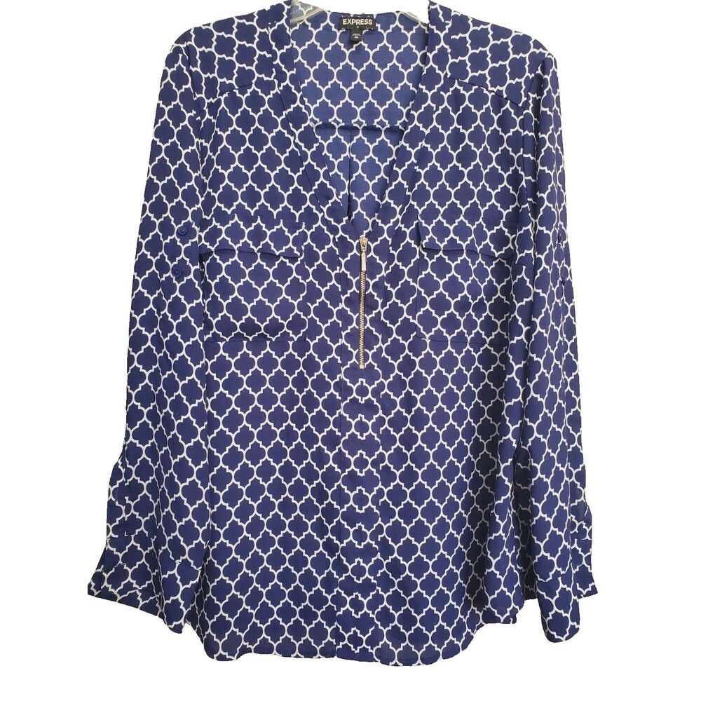 Express Blue Geometric Print Quarter Zip Roll-Tab Sleeve Blouse Size XL